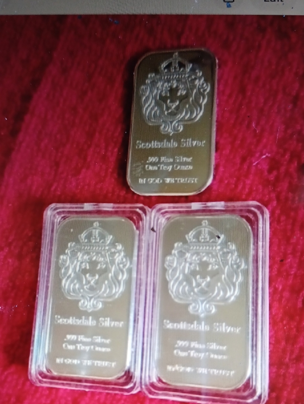 3 Fine SilverOunce Bars-Buillon Plate in Display Cases
